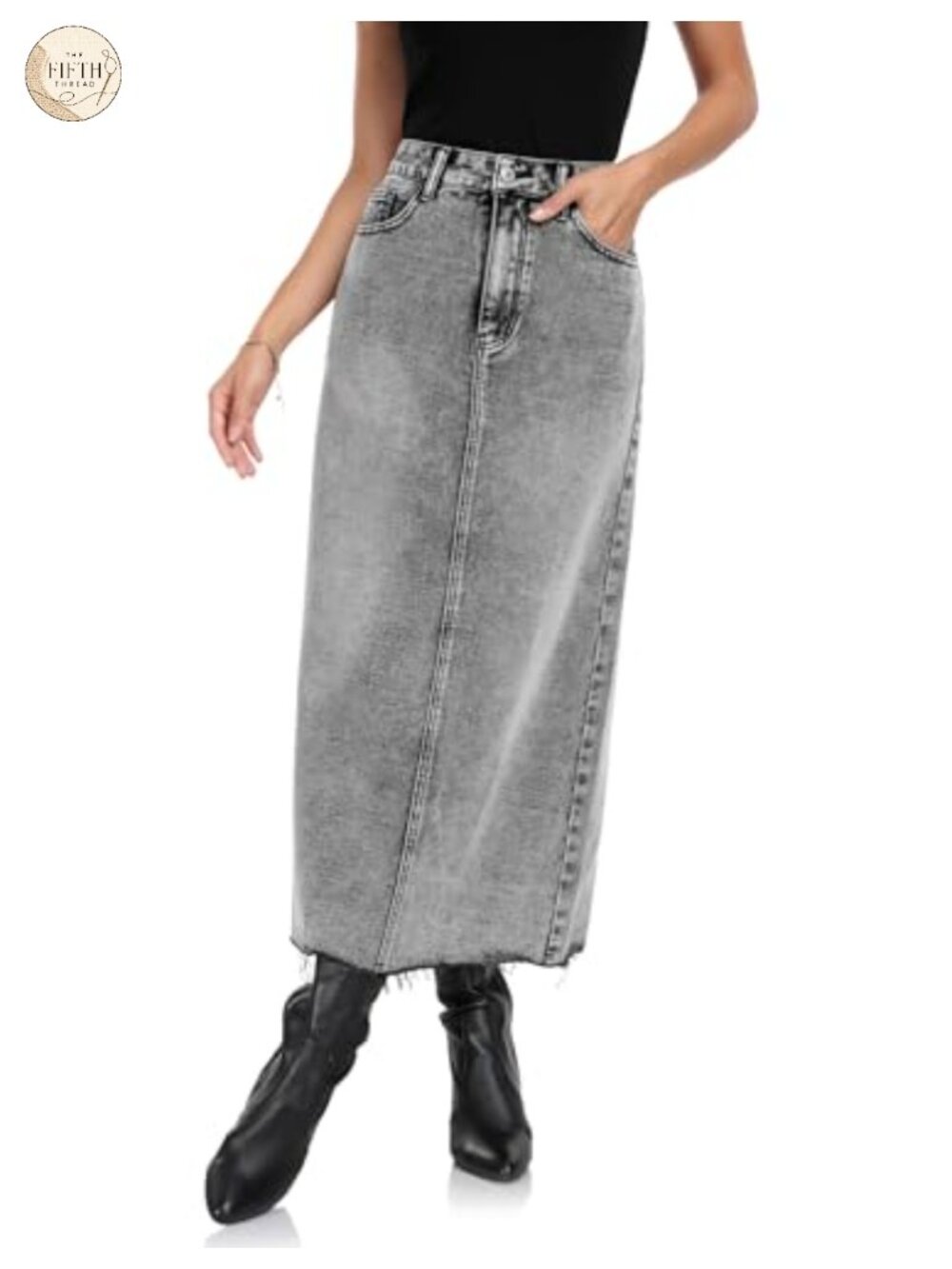 High Waisted Frayed Raw Hem A-Line Denim Midi Jean Skirt Pockets